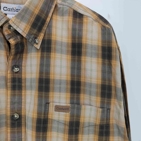 カーハート Carhartt 90-00s インド製 コットン レザーパッチ チェック ボタンダウンシャツ メンズ import:L